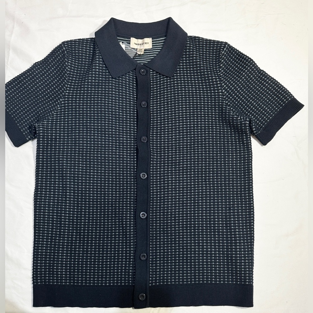 NWT Industry Men’s Dark Blue Knit Polo Cardigan Textured Button Front Size S